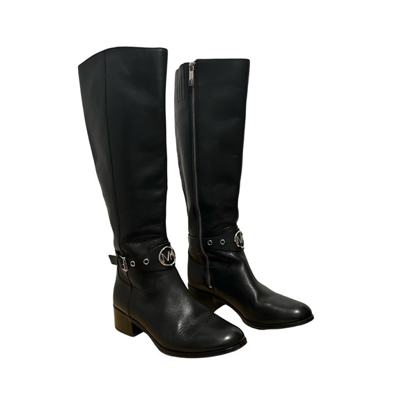 Michael Kors Tall Black Leather Boots size 6 silver hardware - Picture 3 of 9